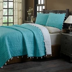 Best deal ❤️ Cottage Home Basia Turquoise Polka Dot Tassle Pom Pom Cotton Quilt Set ✔️