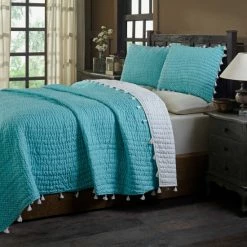 Best deal ❤️ Cottage Home Basia Turquoise Polka Dot Tassle Pom Pom Cotton Quilt Set ✔️ -Cottage Home Shop unnamed file 109