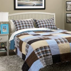Buy ❤️ Cottage Home Jace Blue/ Brown Mixed Patchwork Cotton Quilt Set 🔔